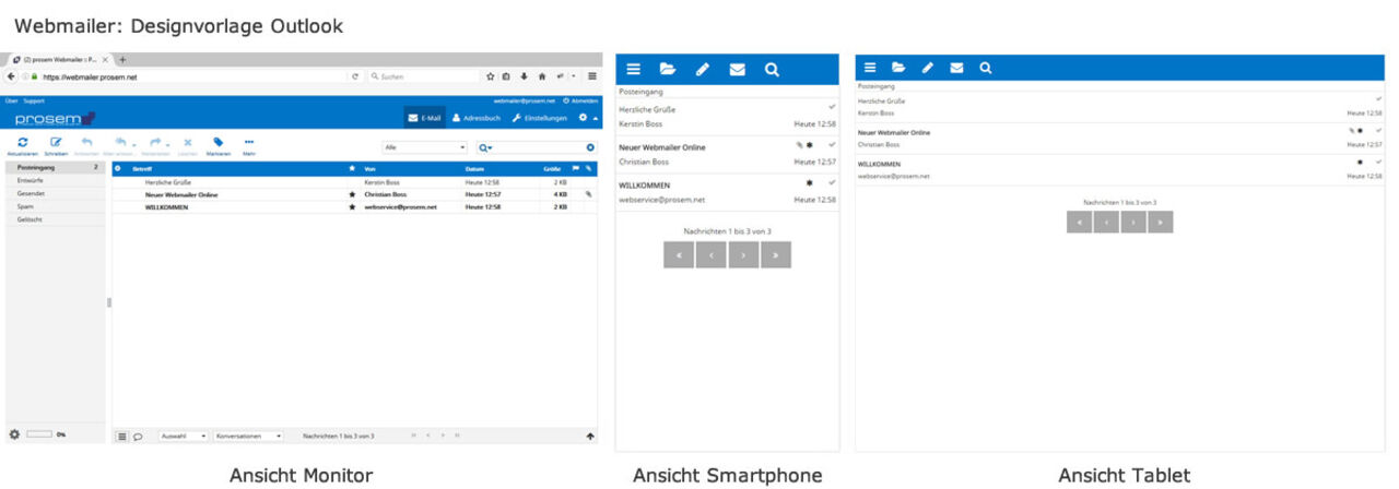 Vergleich der Ansichten des Webmailers von Monitor, Smartphone und Tablet Übersichtsseite